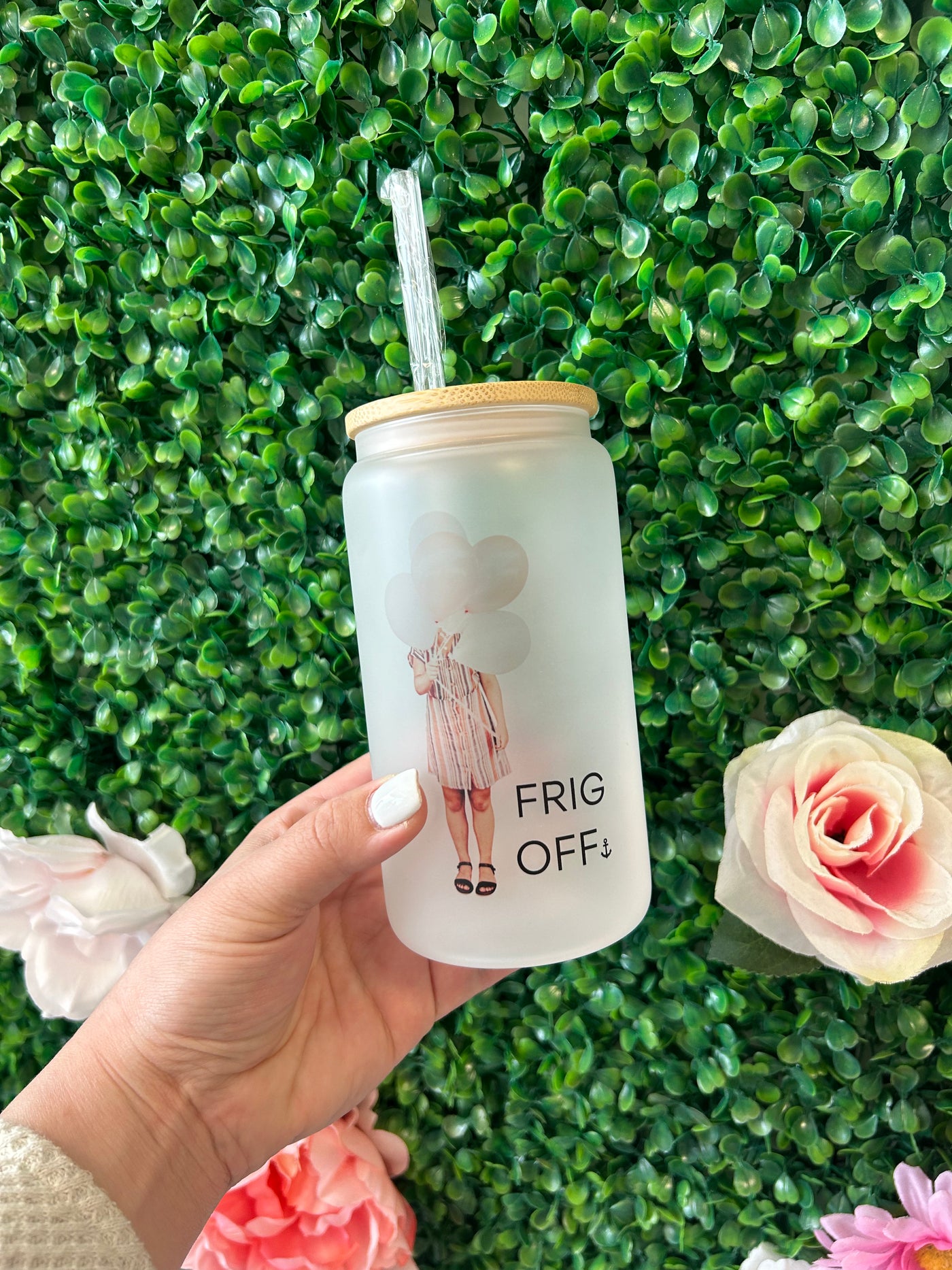 “Frig Off” Balloon Girl Glass Can