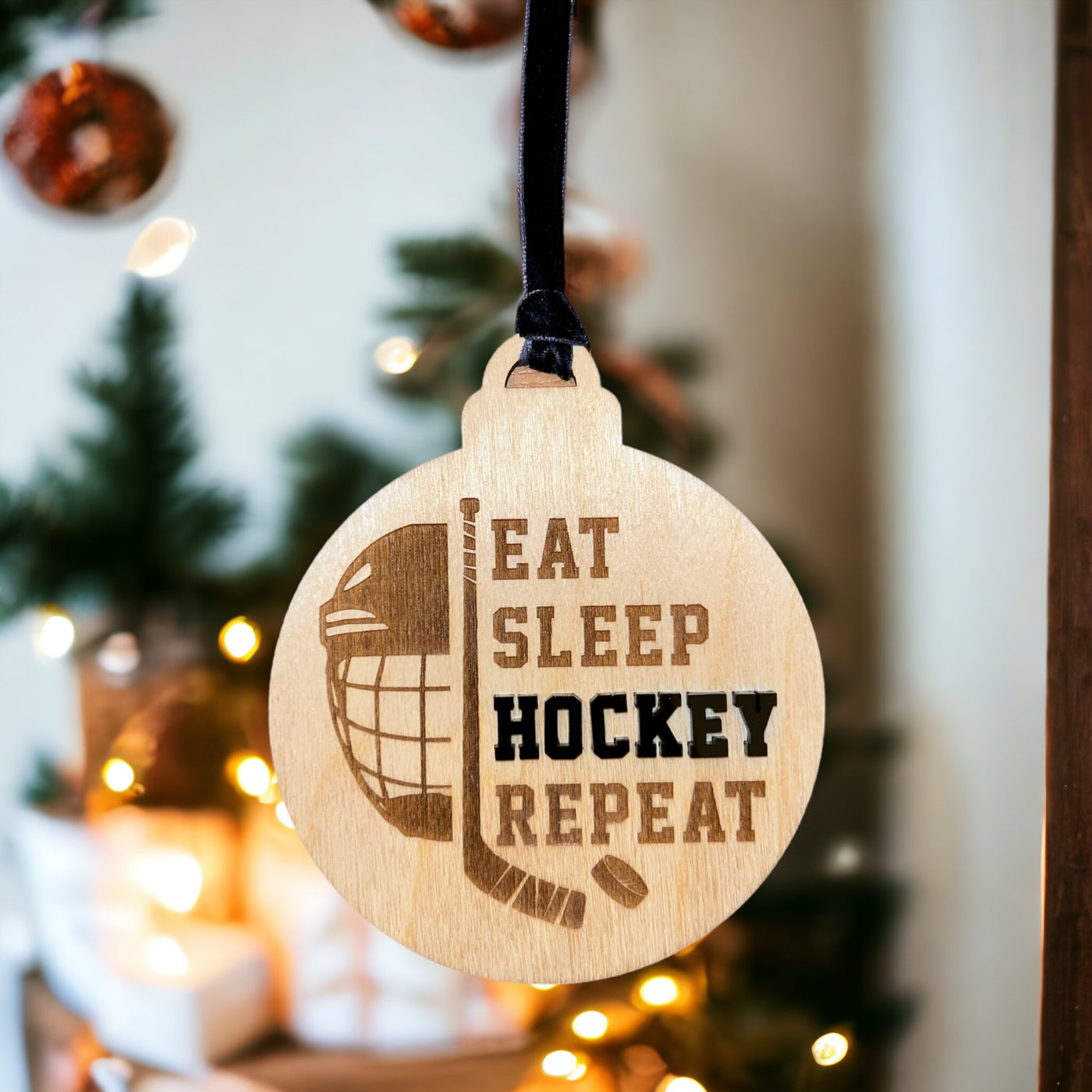 "Eat Sleep Hockey Repeat" Wooden Ornament