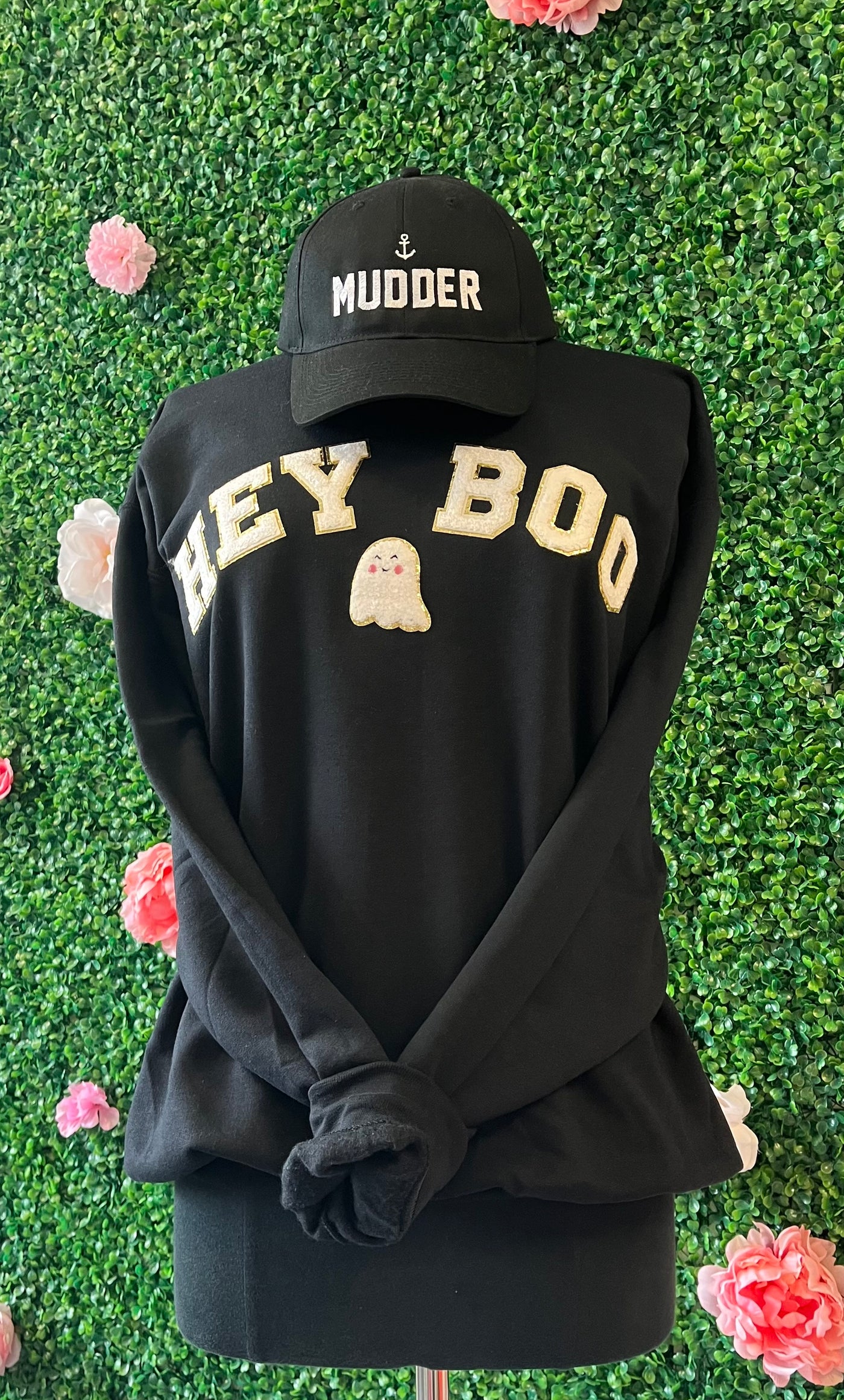 "Hey Boo" Halloween Chenille Patch Crewneck