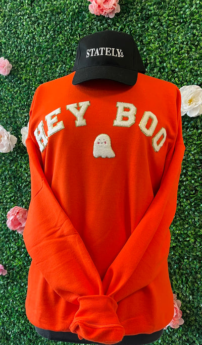 "Hey Boo" Halloween Chenille Patch Crewneck