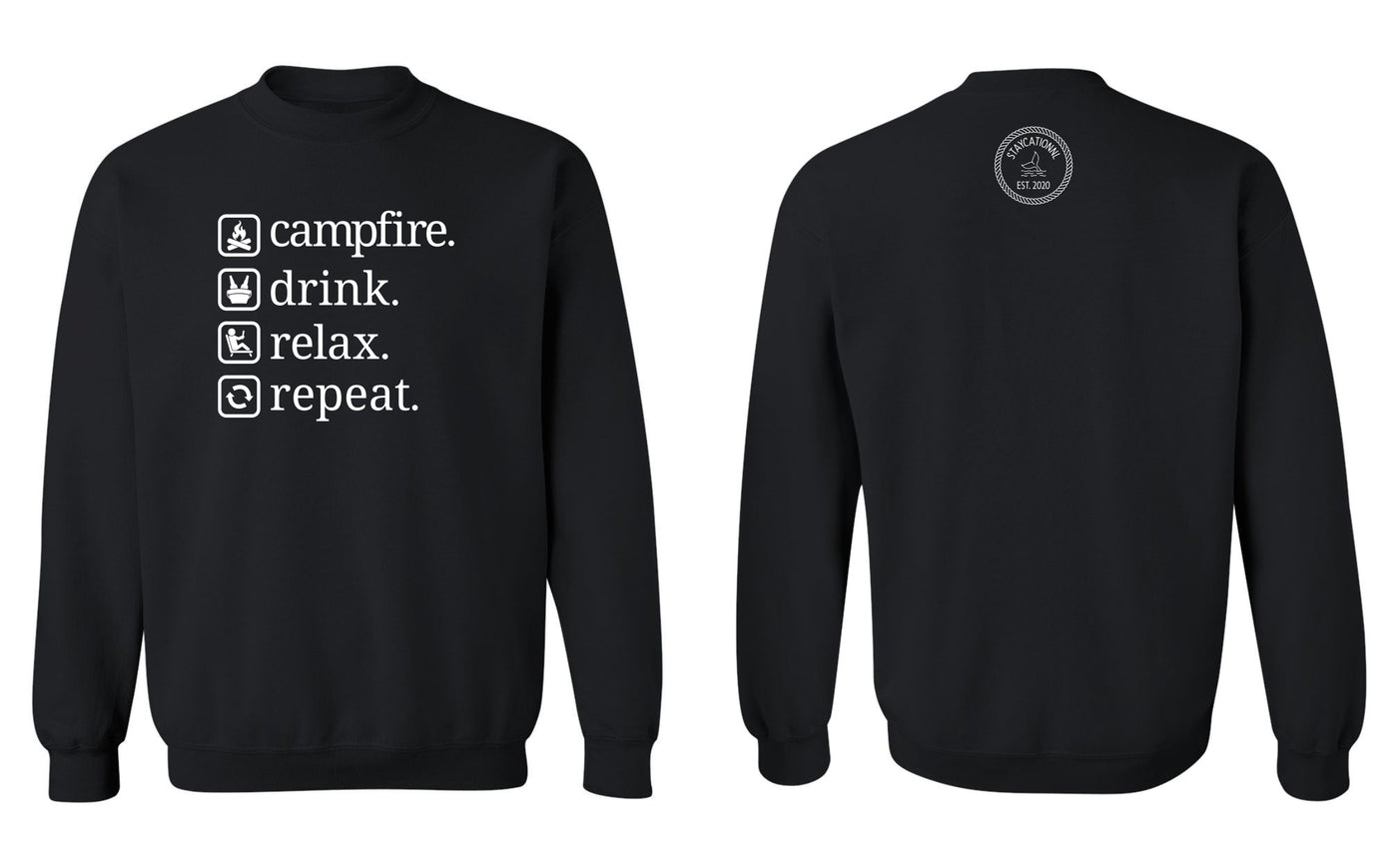 "Campfire. Drink. Relax. Repeat." Unisex Crewneck Sweatshirt