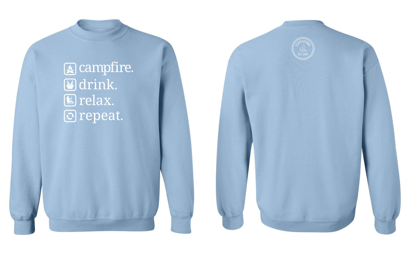 "Campfire. Drink. Relax. Repeat." Unisex Crewneck Sweatshirt