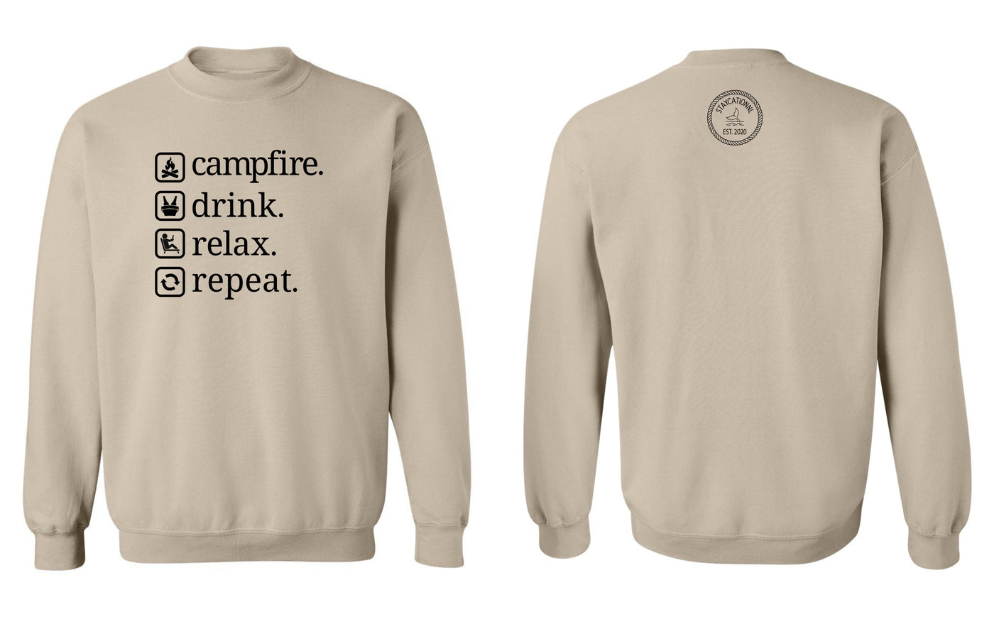 "Campfire. Drink. Relax. Repeat." Unisex Crewneck Sweatshirt