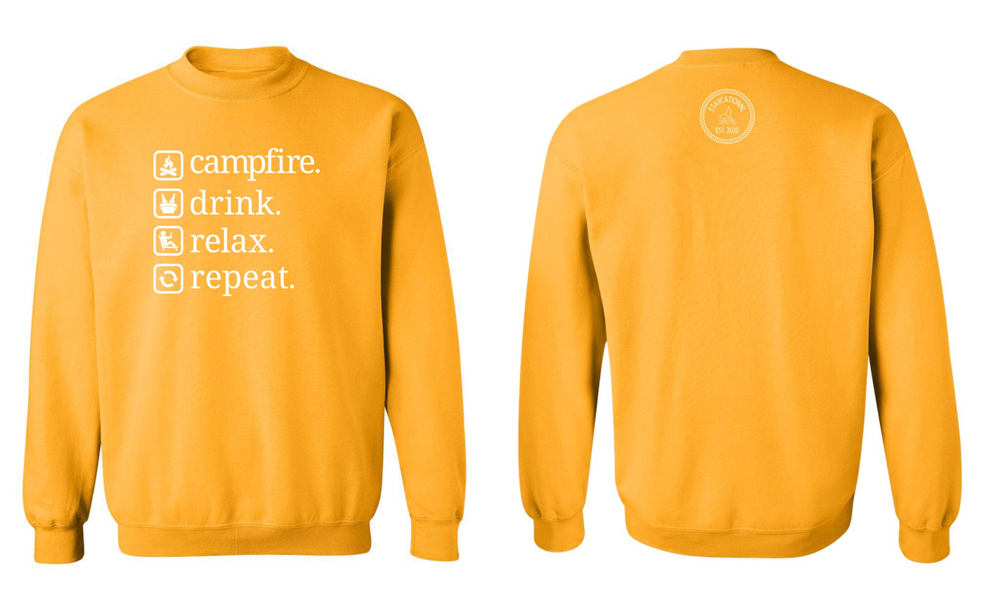 "Campfire. Drink. Relax. Repeat." Unisex Crewneck Sweatshirt